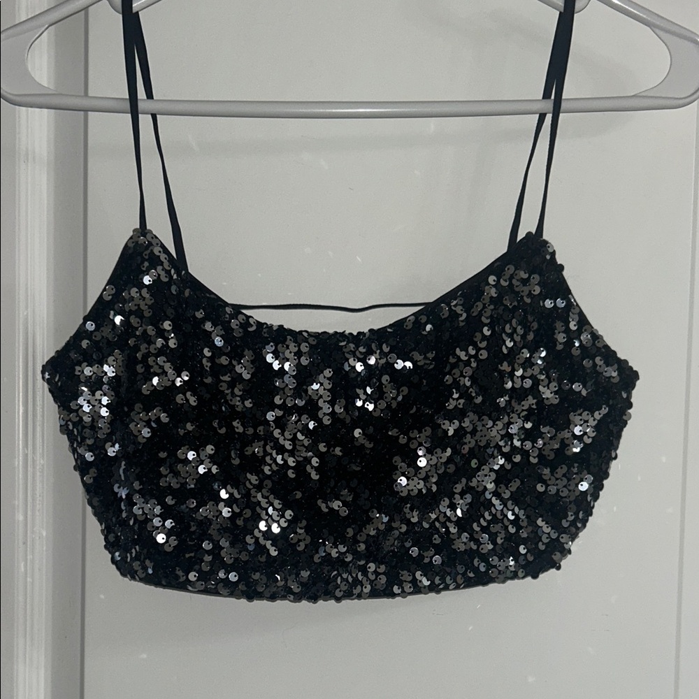 Garage Black and Silver Sequin Crop Top- Open Back